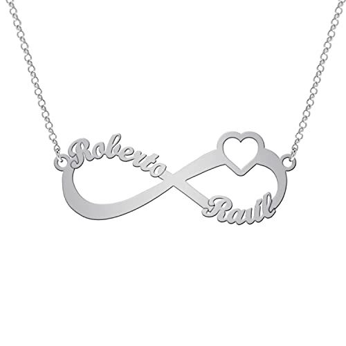 Collar Infinito Plata Personalizado con Corazón - Hasta 3 Nombres - Colgante con Cadena - Regalo para Mamá, Hijos o Pareja - Plata de Ley/Chapado en Oro - Mi Joya Personalizada (plata,2 Nombres)