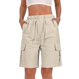 Youkly Cargo Shorts Women Knee Length Elastic Waist Drawstring with Multiple Pockets Ladies Bermuda Shorts for Summer Casual Outdoor Walking Hiking Travel (UK, Alpha, XL, Regular, Regular, Apricot)