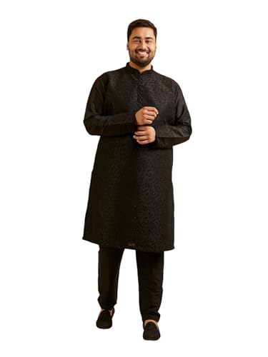 Kurta pyjama Manyavar en soie noire taille 3XL - Ensemble brodé 2 pièces homme