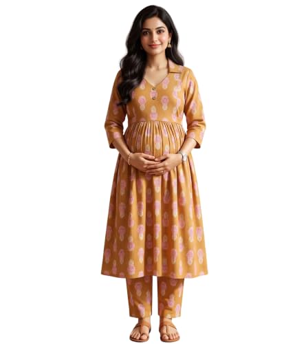 Image of DUMMY SHAPE Maternity Dresses for Women Cotton | Floral Kurta Pant Dupatta Set with Nursing Zippers, Side Pocket | Pre & Post Pregnancy | Feeding Kurti Suit | Baby Shower | Gifts for Pregnant Woman