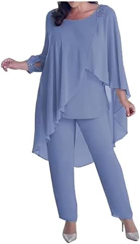 Womens Pant Suit 3 Pieces Mother of The Bride Dresses Plus Size Chiffon Dusty-Blue Wedding Guest Dress Long 16 Plus