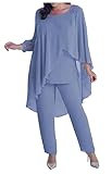 Womens Pant Suit 3 Pieces Mother of The Bride Dresses Plus Size Chiffon Dusty-Blue Wedding Guest Dre