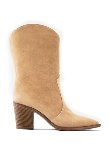 Coutgo Womens Cowboy Mid Calf Boots Chunky Block Heel Pointed Toe Suede Western Cowgirl Boots