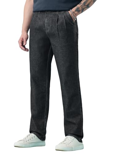 Image of The Souled Store Pleated Denim: Charcoal Men and Boys Zip Fly Washed Cotton Spandex Lightweight Stretchable Everyday Pleated Front Straight Fit Denim Jeans