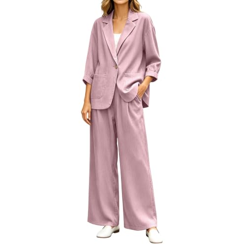 Traje de lino para mujer elegante con botones solapa blusa larga y pantalones anchos