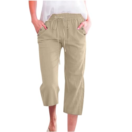 Capri Pants for Women Casual 2025 Summer Drawstring Elastic High Waist Linen Pant
