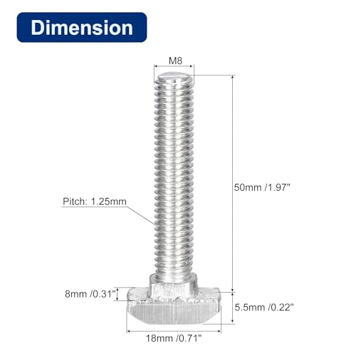 Image of uxcell 30Pcs T-Slot Bolts, M8 x 50mm Hammer Head Bolt T Screw Drop-in Stud for 4040 Series T-Slot Aluminum Extrusion Profile, 304 Stainless Steel, Silver