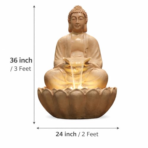 Image of 3 Feet Kamal Buddha Water Fountain for Home & Garden|Fiber Buddha Fountain with LED Light|Indoor Outdoor Fountain for Vastu & Positivity (Beige, 3 Feet Kamal Buddha Fountain)