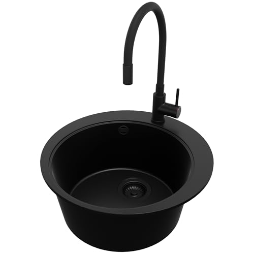 PRIMAGRAN Fregadero Granito Circular Todo Negro 50x50cm, Fregadero Cocina 1 Seno + Sifón + Grifo 40x38cm, Fregadero sobre encimera al mueble 45cm - Pisa