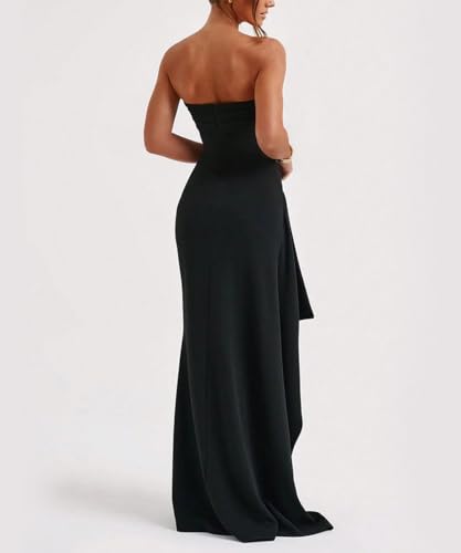 Image of SKAYS Women's Strapless Maxi Dress Elegant Tube Top Formal Ruched Bodycon Wedding Guest Cocktail Summer Dress with Slit