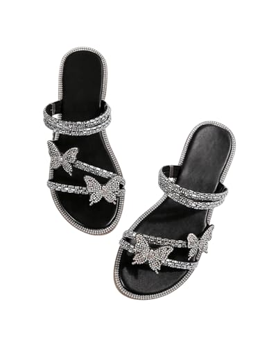 OYOANGLE Women's PU Leather Rhinestone Sandals Butterfly Strappy Flat Open Toe Elegant Slides Sandals