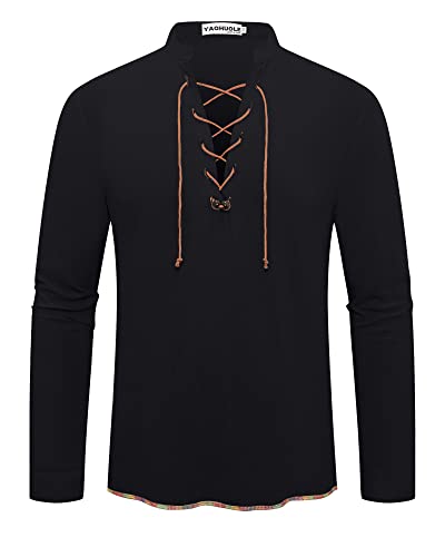 YAOHUOLE Men's Medieval Costume Linen Shirts for Men Renaissance Gothic Victorian Halloween Cosplay Viking Pirate Steampunk Vampire Clothing Black M - Image 2