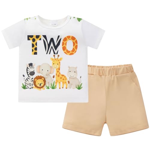 IBTOM CASTLE Baby Boy 2nd Birthday Outfit Wild Two Safari Jungle Animal Print Short Sleeve T-Shirt & Shorts 2Pcs Set Cake Smash Photo Shoot Summer Casual Outfit Khaki - Two 2-3T