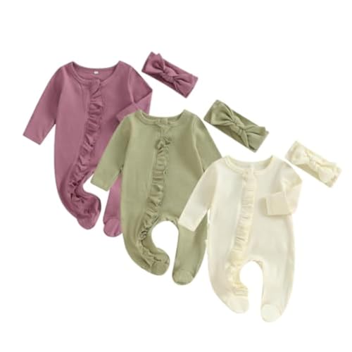 Image of Merqwadd Baby Girl Zipper Pajama Footies 3 Pack Ruffle Sleeper Coming Home Infant Cotton Clothes