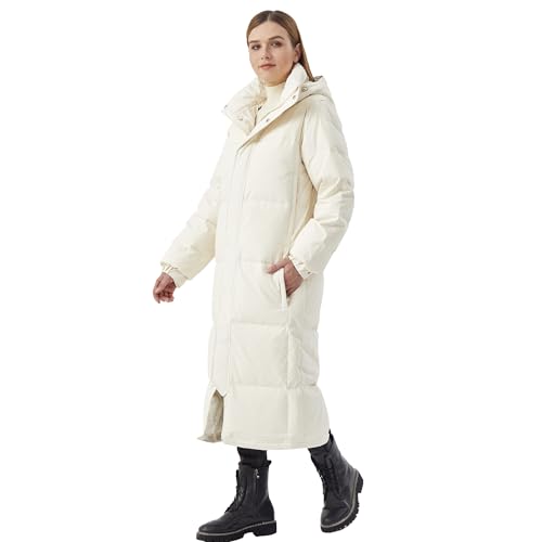 ANYIELIEMO Women’s Long Goose Down Coat,Hooded Winter Puffer Jacket with 4 Zipper Pockets and Thermal Lining (US, Alpha, Small, Regular, Regular, Cream)