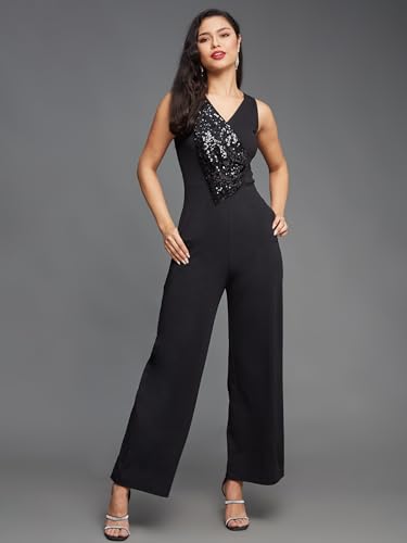 Image of Miss Chase Women's Halter Neck Sleeveless Solid Wide Leg Sequin Paneled Regular Length Jumpsuit