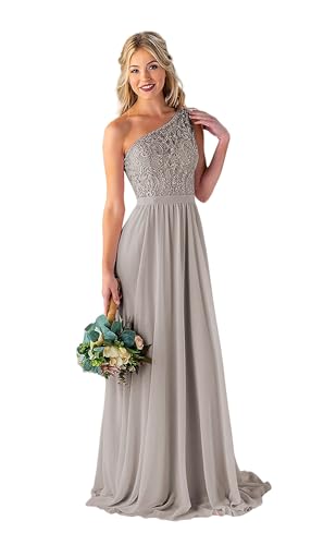 Image of LANGKAAO Women's One Shoulder Bridesmaid Dresses Long for Wedding with Pockets Lace Bodice A-Line Chiffon Formal Party Gown