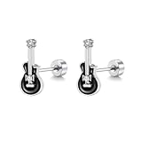 20g Guitar CZ Flat Screw Back Small Stud Earrings for Women Men Black Enamel Crystal Stainless Steel Little Tiny Cartilage Tragus Piercing Sleeper Studs Hypoallergenic Jewelry for Music Lover