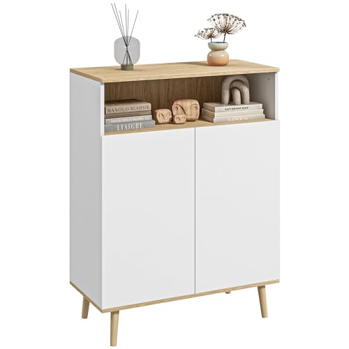 HOMCOM Meuble de Rangement, Buffet Cuisine, Design scandinave, avec Placard 2 Portes, étagère réglable, Pieds en Bois Massif, 80 x 38 x 102 cm, Blanc et...