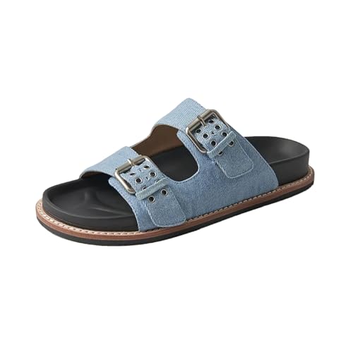 Women's Denim Buckle Strap Slippers - Metal Decor Summer Beach Casual Flats