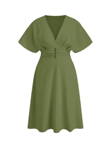 CIDER Women Plus Size Linen Blend V Neck Ruched A Line Short Sleeve High Waist Elegant Casual Dresses