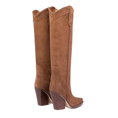 Knee High Cowboy Boots for Women Pointed Toe Chunky High Heel Pull-on Suede Western Cowgirl Shoes Fall Long Tall Boots3
