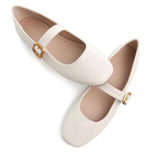 TN TANGNEST Women's Mary Jane Flats Fashion Round Toe Ballet Shoes Comfortable Ankle Strap Flats Apricot 42(8.5) 2