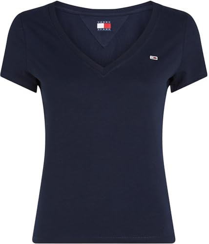 Tommy Jeans Camiseta de Manga Corta Mujer Slim con Cuello de Pico, Azul (Dark Night Navy), XS