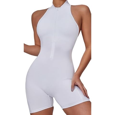 ISOLAY Women Multicolor Sleevless Jumpsuits One Piece Tummy Control Sexy Bodycon Unitard Bodysuit with Zipper (White,M,US,Alpha,Medium,Regular,Regular) Cover