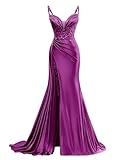 Xsqmbwb Prom Dress for Women Spaghetti Strap Satin Mermaid Evening Gown Applique Corset Formal Party Dress US16 Fuchsia