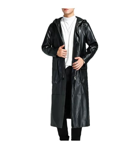 Mnjyihy Men Black Long Hooded Pu Leather Trench Coat Plus Size
