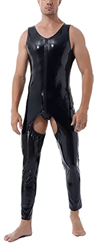Men's One Piece Full Bodysuit Sleeveless Jumpsuit Shiny Patent Leather Zipper Bodysuit Fashion Catsuit Sexy Leotard Black S