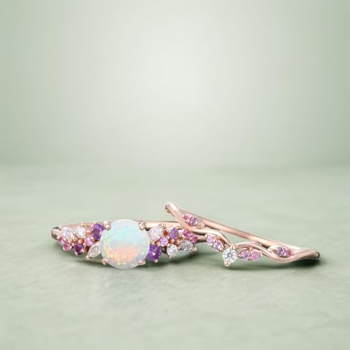 10K/14K/18K Solid Gold Gemstone Vintage Engagement Ring Set for Women 1CT Round Gemstone and Moissanite Amethyst CZ Vintage Promise Anniversary Ring Set for Her3