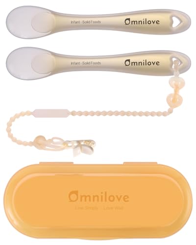 Image of Omnilove Silicone Baby Spoons 2-Pack with Case, Self Feeding 6 Months, Baby Led Weaning Supplies, Toddler Utensils with Safety Chain, Toddler Essentials, Dishwasher Safe Baby Safety Products