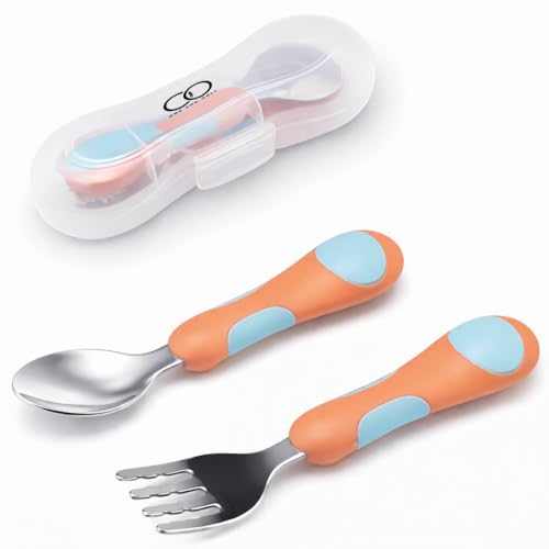 Image of Baby Spoon and Fork Set, Orange Stainless Steel Toddler Cutlery Set with Easy Grip, 2 Pc, Self Feeding Utensils for Baby Meals School and Travel, Mealtime Essential