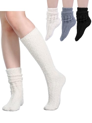 Geyoga 3 Pairs Women Slouch Socks Winter Stacked Boot Socks Warm Coral Fleece Long Scrunch girl Knit Knee High Stockings