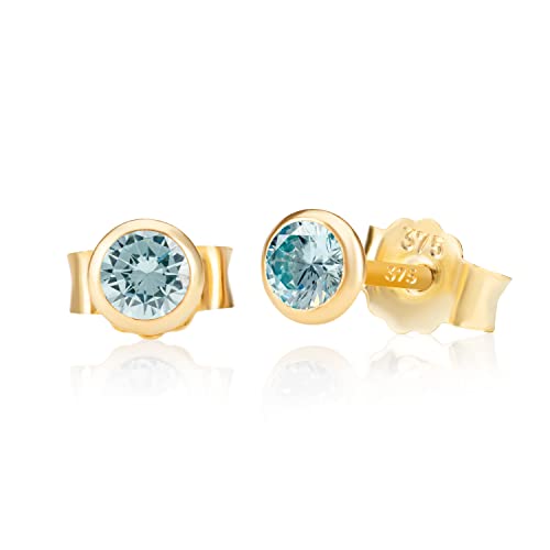 NKlaus Paar 4,0mm 375 Gelb Gold 9 Karat Ohrstecker Kristall Zirkonia Aquamarin Butterfly Verschluss Damen Mädchen 13066