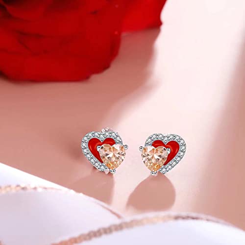 Heart Birthstone Stud Earrings - Sparkling Double Dainty Red Enamel Hearts Forever Love 925 Sterling Silver Platinum Plated 12 Months Zircon Birthday Gifts for Women Girls2
