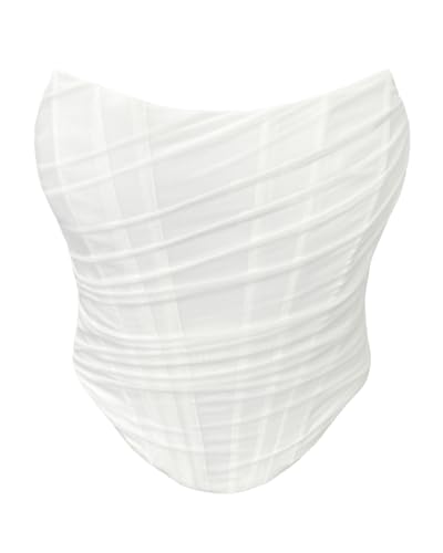 Facogoo Womens Mesh Strapless Corset Crop Top Boned Vintage Sleeveless Overbust Zip Back Bodyshaper Going Out Bustier Tops White