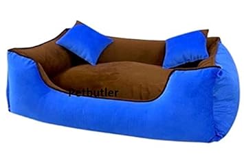 Petbutler Luxurious and Durable Velvet Touch Soft Dual Colour Square Shape Dog/Cat Bed(Blue-Brown with 1 Pilow) Size-Small