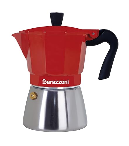 BARAZZONI, Caffettiera, Alluminio e Acciaio, Modello Hybrid Rossa, 3 Tazze, Sicura, Solida, Elegante, Manico e Pomolo anti-Scottatura, Non Rovina i Piani ad Induzione, Accademia Maestri del Caffè