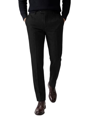 Ceehuteey Mens Retro Dress Suit Pants Thick Wool Flat Front Herringbone Tweed Trousers(Black, 32W x 32L)