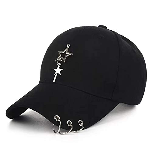 Unisex Black Fitted K-pop Baseball Cap with Ring Chain and Star