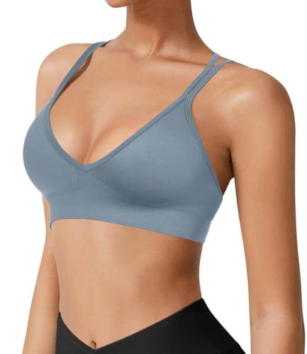 Image of VEQKING Seamless V-Neck Cross Back Women Sports Bra for Small Chest, 3 Pack | Made for A-C Cups, Spaghetti Straps, Removable Padded, Comfort Wireless for Low Impact Workout: Yoga, Lounging & Daily Wear