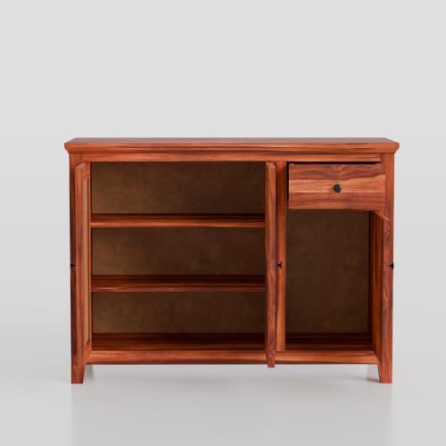 Image of Solid Sheesham Wood Sideboard Cabinet with 2 Cane Doors, Storage Shelves & Drawer | Wooden Storage Cabinet for Living Room, Dining Room & Hallway | Buffet Console Cabinet for Home Decor | Honey Finish