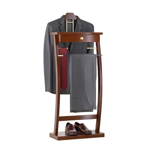 ACLFF Perchero Independiente de Madera para Trajes, Perchero de Pie con Base Resistente para Hombre, Perchero para Trajes con Bandeja y Cajón para la Entrada, la Oficina o el Salón