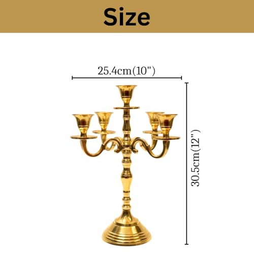 Image of Decorative Aluminum Vintage 5-Arm Brass Gold Candelabra Candle Holder - Elegant Metal Table Centerpiece for Home, Wedding, Party, Dining Room & Living Room Decor
