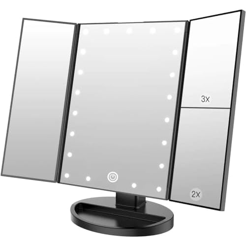 WEILY Lighted Vanity Makeup Mirror 1x/2x/3x Magnification Trifold with 36 LED Lights Touch Screen and USB Charging, 180 Degree Adjustable Stand for Countertop Cosmetic Makeup Mirror(Black)