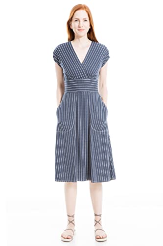Max Studio Women's Stripe Surplice Neck Midi Dress, Navy/White-739, Large