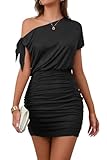 Wenrine Women's One Shoulder Ruched Bodycon Mini Dress Short Sleeve Club Party Cocktail Dresses Black, Medium